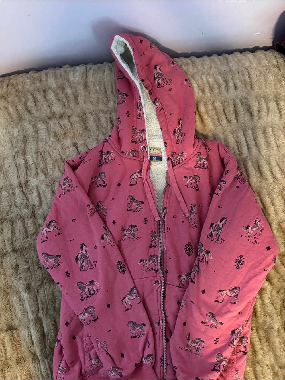 Girls' Pink Horse Print Sherpa-Lined Zip Hoodie